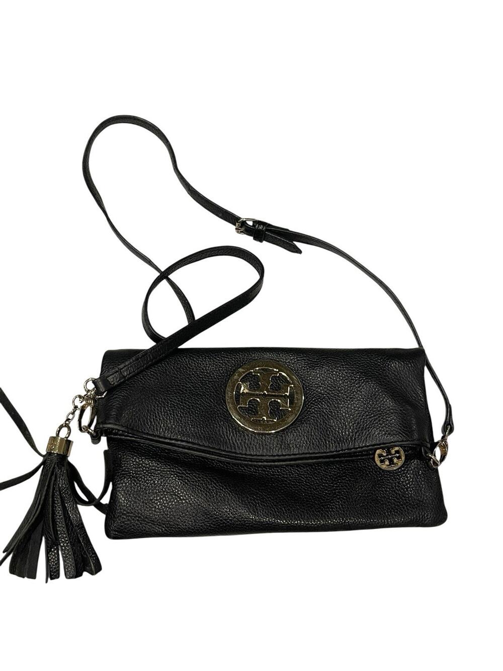 TORY BURCH Leather Logo Flap Clutch Tote Bag Women Black Gold Genuine